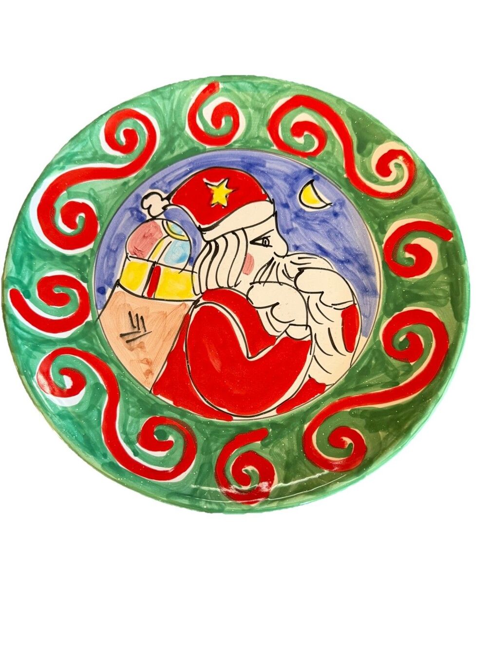"Santa with Sack of Gifts" Hand Painted Platter ~ Made in Italy ~holiday Festive